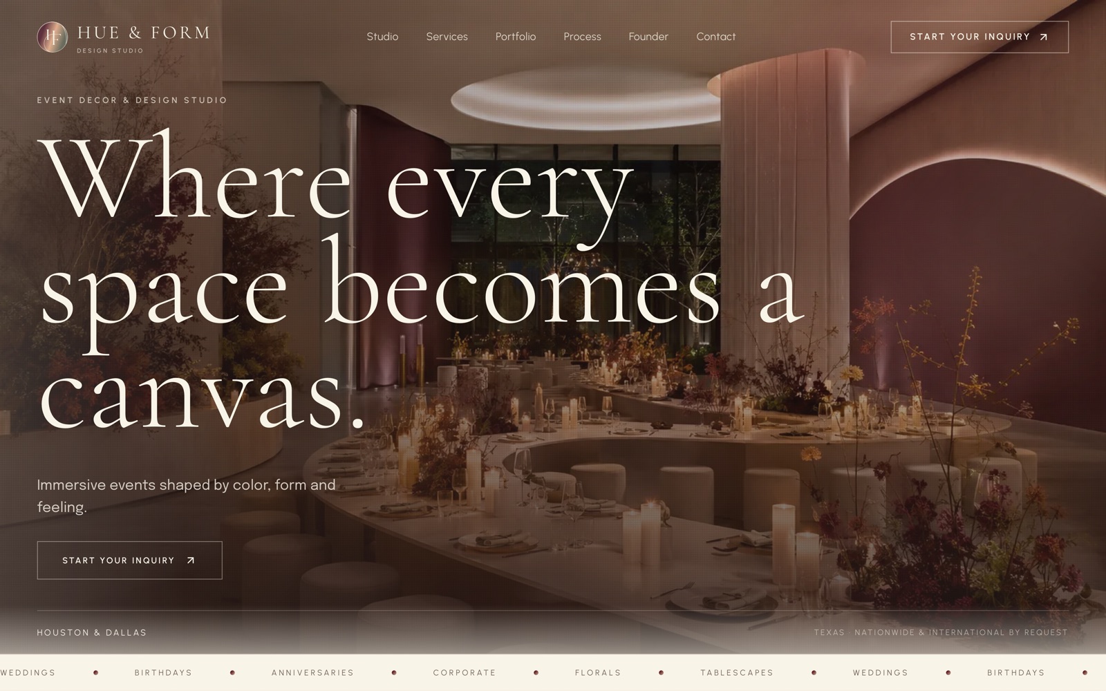 Hue & Form homepage: a candlelit banquet room behind the headline 'Where every space becomes a canvas.'