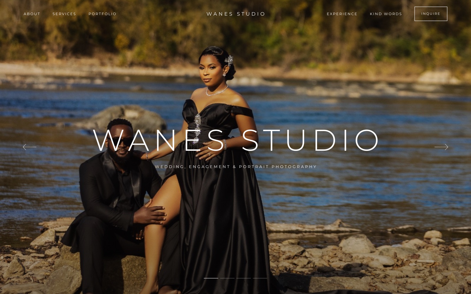 Wanes Studio homepage: a couple in black formalwear seated by a river, with the studio name across the photo.